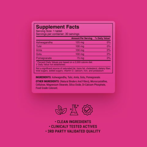 500mg Ashwagandha, Pomegranate, Amla, Gotu Kola, Tulsi Tablets - Strawberry Pomegranate - Thumbnail 9