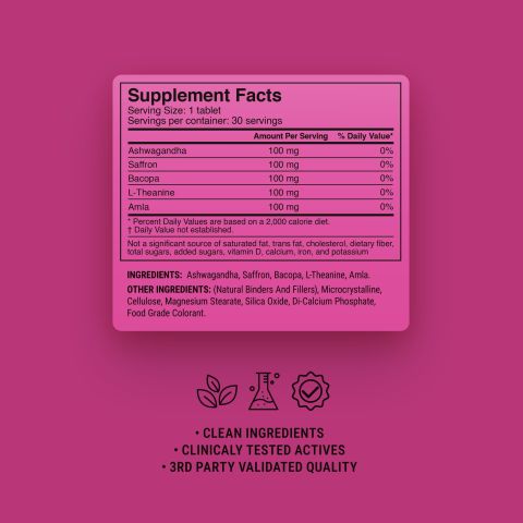 500mg Ashwagandha, L-Theanine, Bacopa, Saffron, Amla Tablets - Pomegranate Berry - Thumbnail 9
