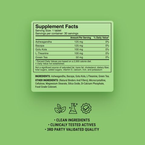 500mg Ashwagandha, L-Theanine, Green Tea, Gotu Kola, Bacopa Tablets - Matcha Citrus - Thumbnail 9