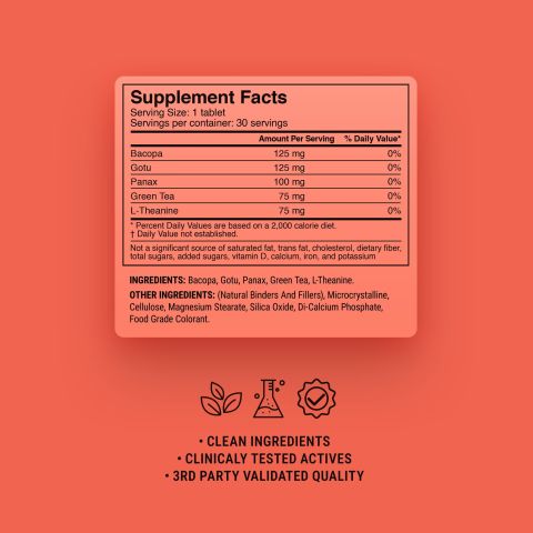 500mg L-Theanine, Green Tea, Bacopa, Panax, Gotu Tablets - Grapefruit - Thumbnail 9