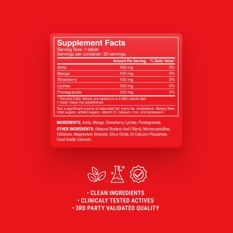 500mg Pomegranate, Strawberry, Lychee, Mangosteen, Amla Tablets - Fruit Punch - Thumbnail 9