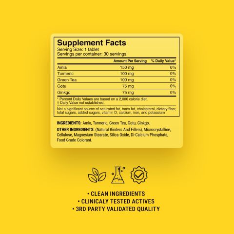 500mg Green Tea, Turmeric, Ginkgo, Amla, Gotu Tablets - Lemon Ginger - Thumbnail 9