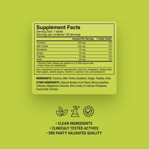 500mg Milk Thistle, Dandelion, Turmeric, Triphala, Ginger, Amla Tablets - Lime Ginger - Thumbnail 9