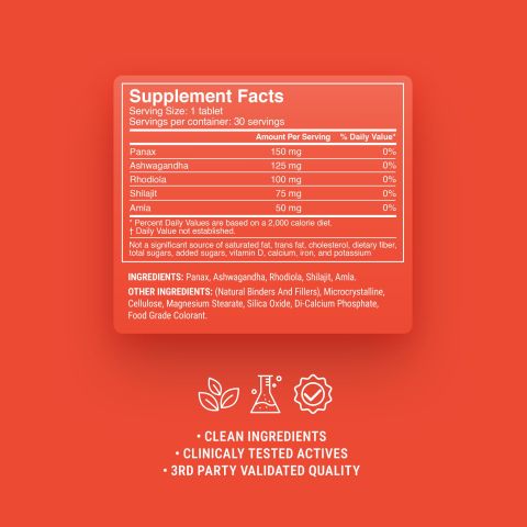 500mg Panax, Ashwagandha, Rhodiola, Shilajit, Amla Tablets - Citrus Pomegranate - Thumbnail 9