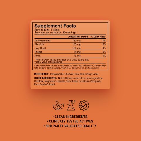 500mg Ashwagandha, Holy Basil, Rhodiola, Shilajit, Amla Tablets - Cardamon Vanilla Chai - Thumbnail 9