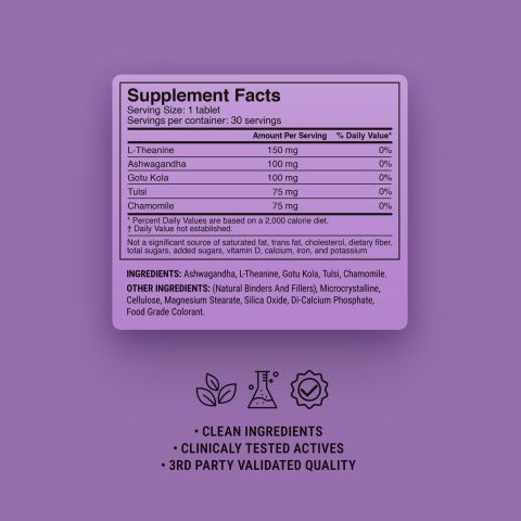 500mg Ashwagandha, Chamomile, L-Theanine, Gotu Kola, Tulsi Tablets - Lavender Honey - Thumbnail 9