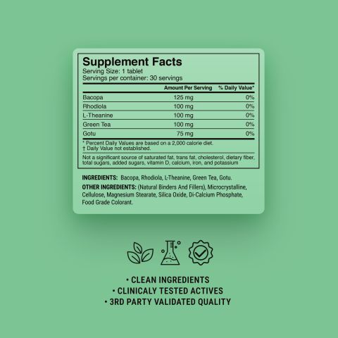 500mg L-Theanine, Green Tea, Rhodiola, Bacopa, Gotu Tablets - Lime Mint - Thumbnail 9